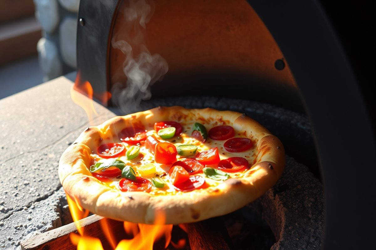 Professional wood-fired pizza preparation showcasing quality ingredients and authentic cooking methods